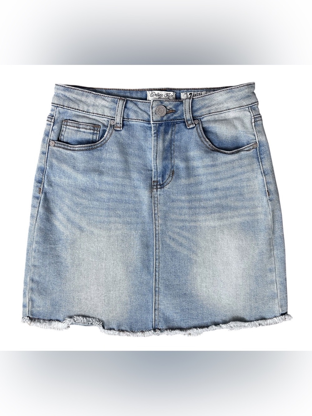 Indigo Rein Denim Blue Jean Skirt Light Wash Frayed Raw Hem Size 3 Stretch y2k